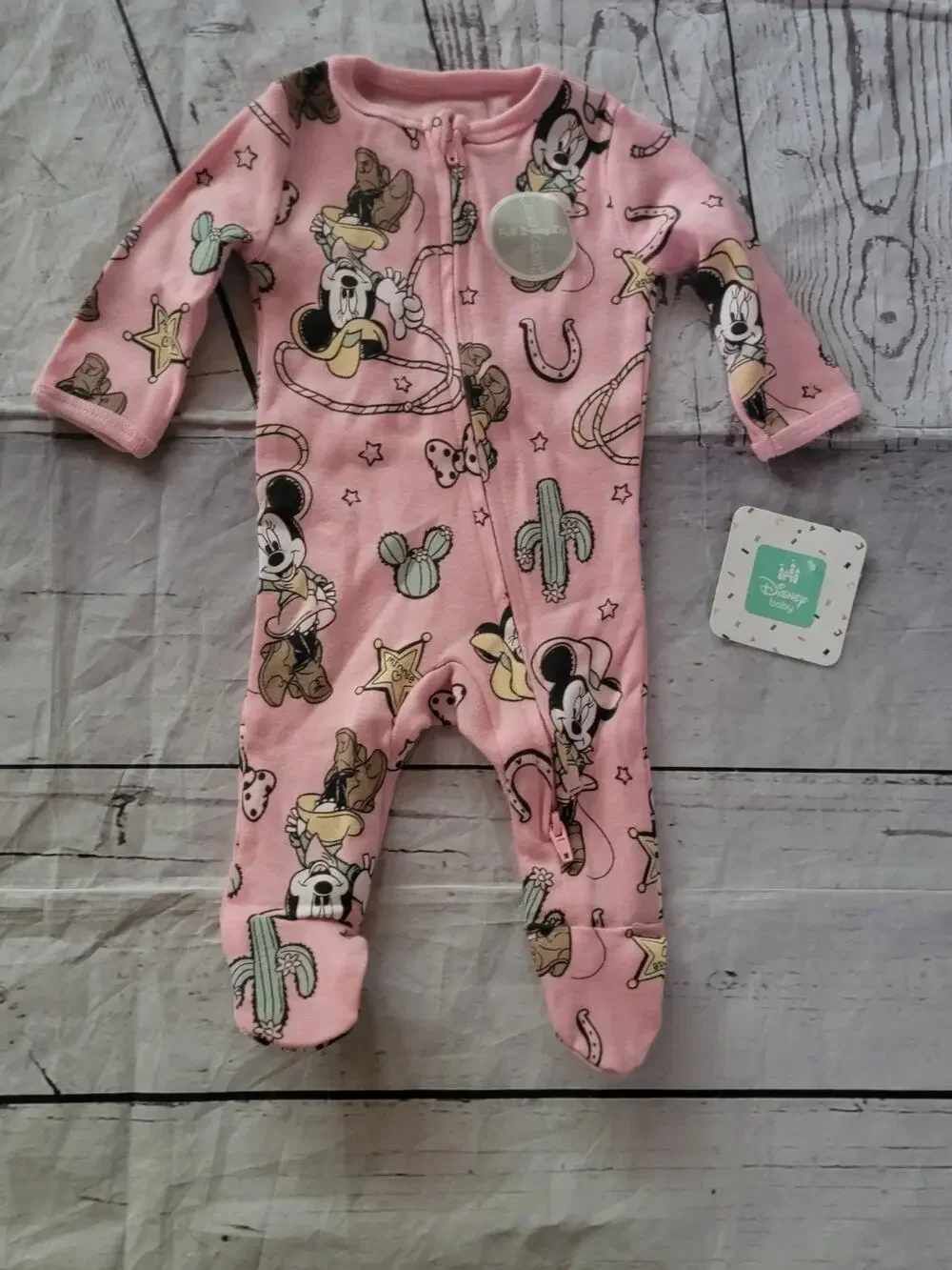 Disney Baby pink Minnie Mouse cowgirl two-way zip footed sleep Play Pajamas NB